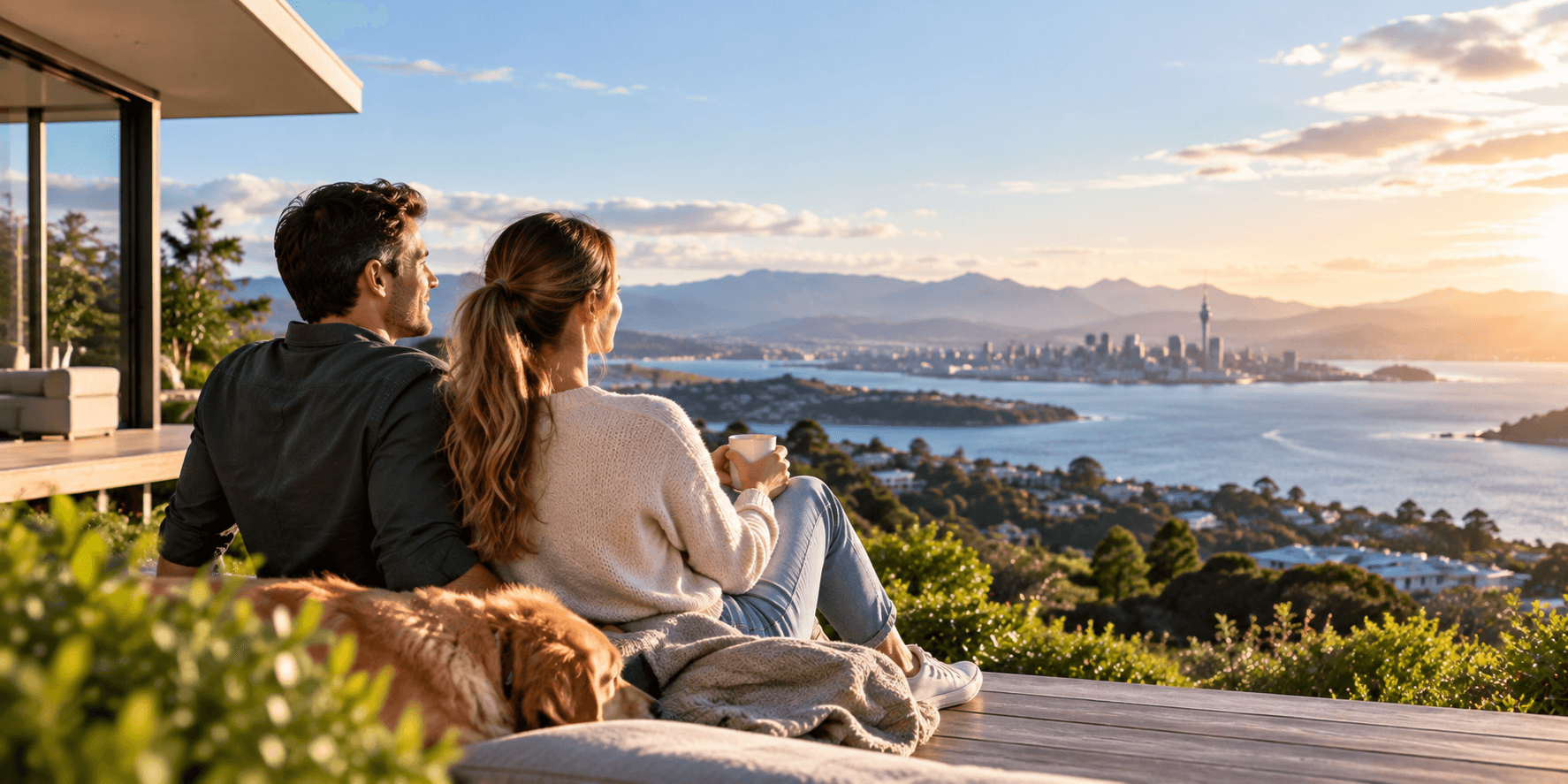 A family looking out over the hills at sunset